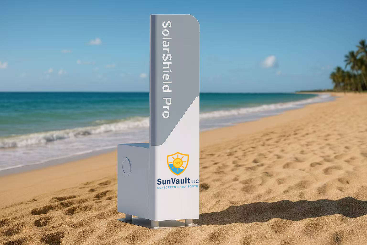SunVault sunscreen spray booth render on a beautiful beach background